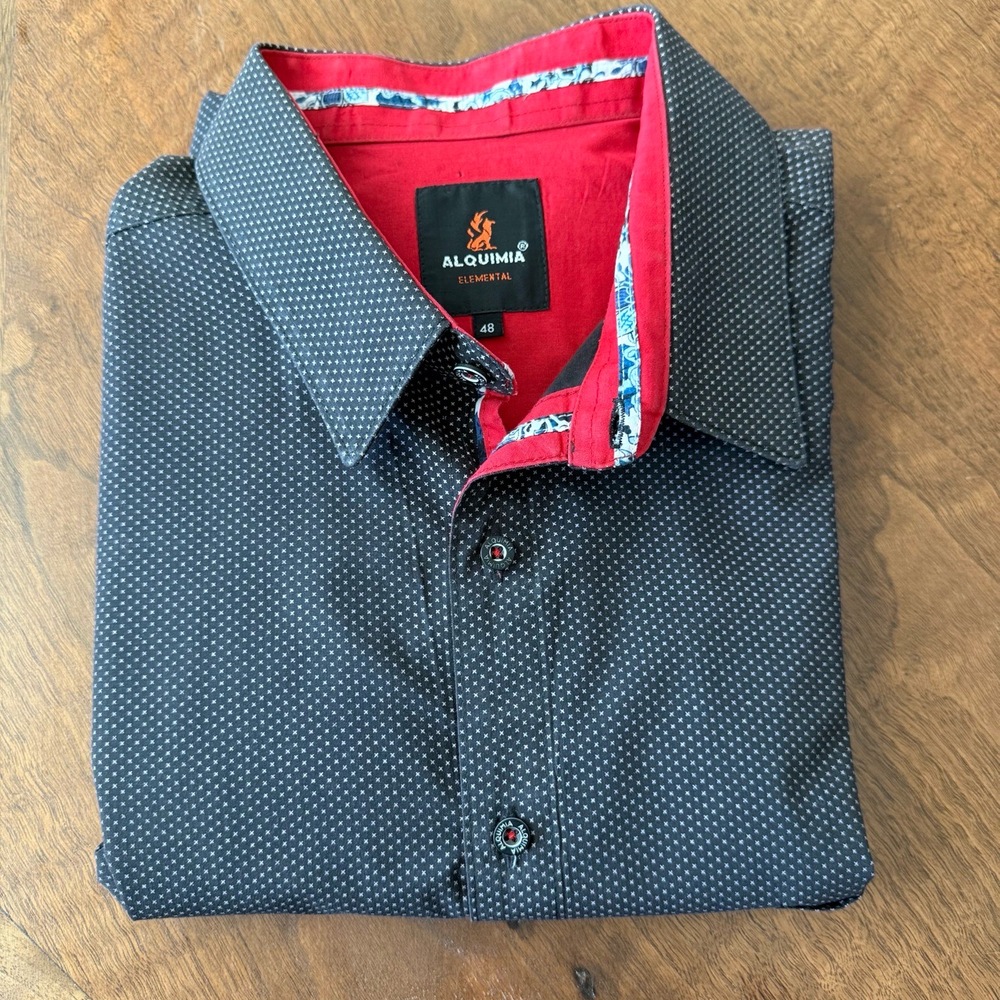 Alquimia Shirt Mens 48 Brown White Dot Dress‎ Button Down Short Sleeve Collar